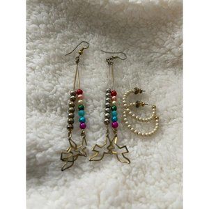 Vintage Silver Tone Beaded Dangle Bird Earrings & Semi Hoop Cream Bead Earrings